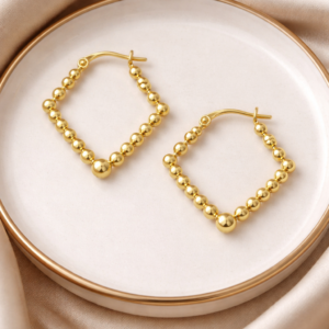 Gold beaded square hoop earrings for women with polished finish