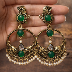 Antique Gold Elephant Motif Green Stone Earrings