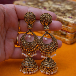 Antique finish crescent pearl jhumkas with traditional design