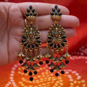 Antique gold black stone statement dangler earrings for women