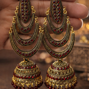 Antique Finish Layered Ruby Jhumka Earrings