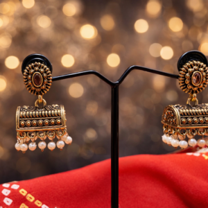 Antique finish rectangular pearl jhumka earrings with traditional design