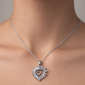 Elegant silver heart pendant necklace with crystal centre for women romantic daily wear jewellery