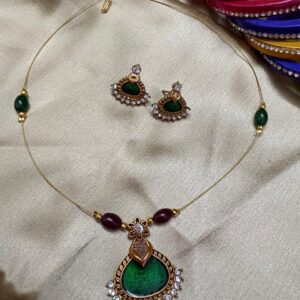 Green traditional invisible thread necklace set with matching earrings for women