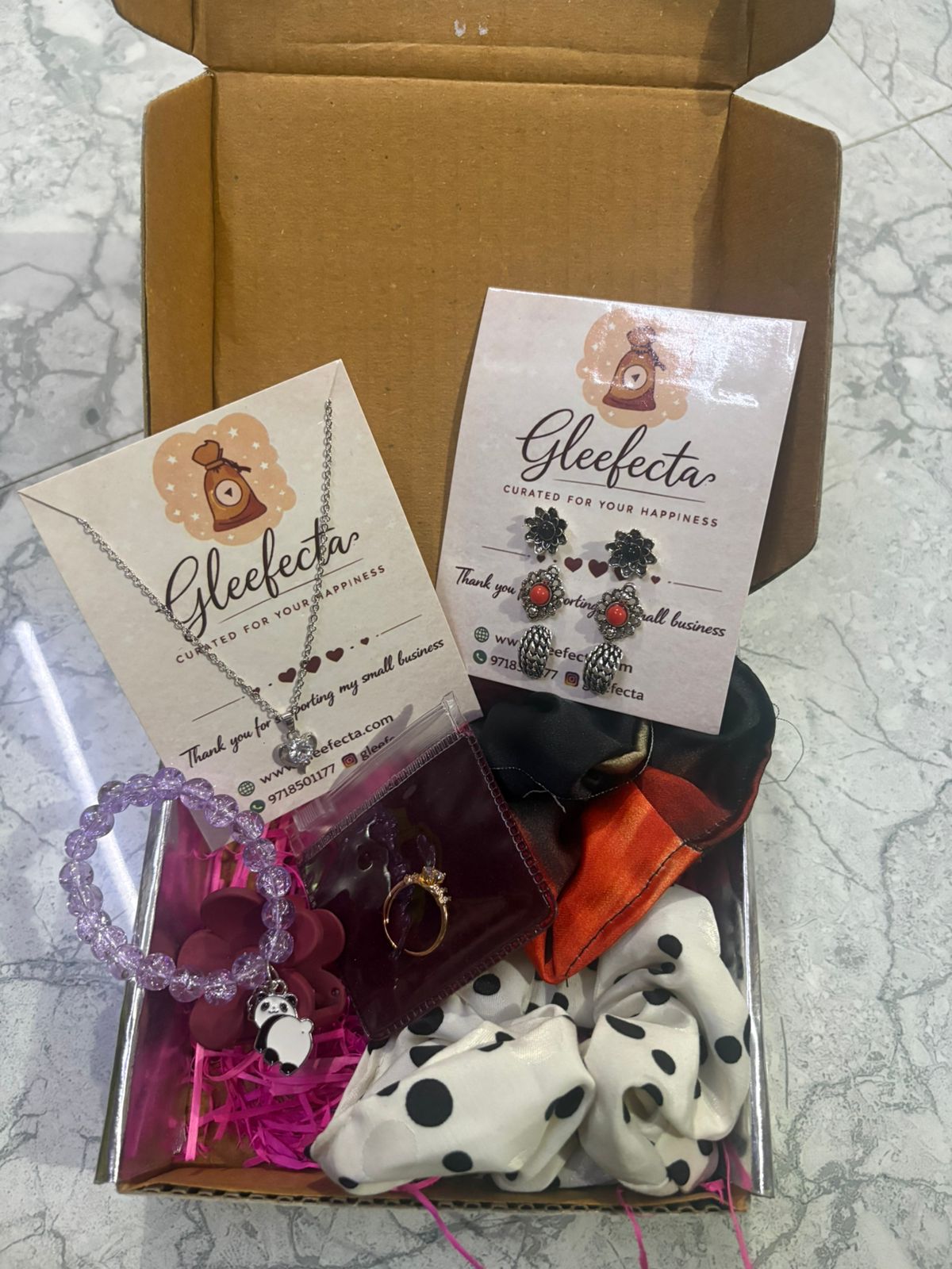 Girls jewelry and accessories hamper with anti tarnish neckpiece, earrings, ring, panda bracelet, scrunchies and flower claw clip