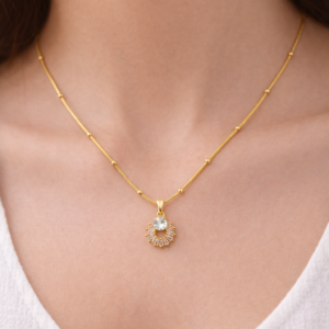 Elegant Gold-Plated Circular Pendant Necklace with Crystal & Baguette Stones