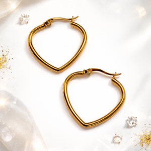 Anti tarnish gold heart shaped hoop earrings for women with minimal open heart design on soft white background