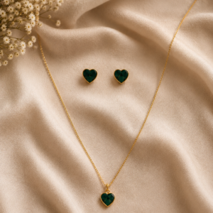 Green Heart Pendant Necklace & Stud