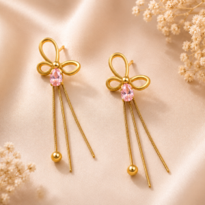 Gleefecta Gold Bow Tassel Earrings with Pink Crystal Drop and Long Chain Dangles