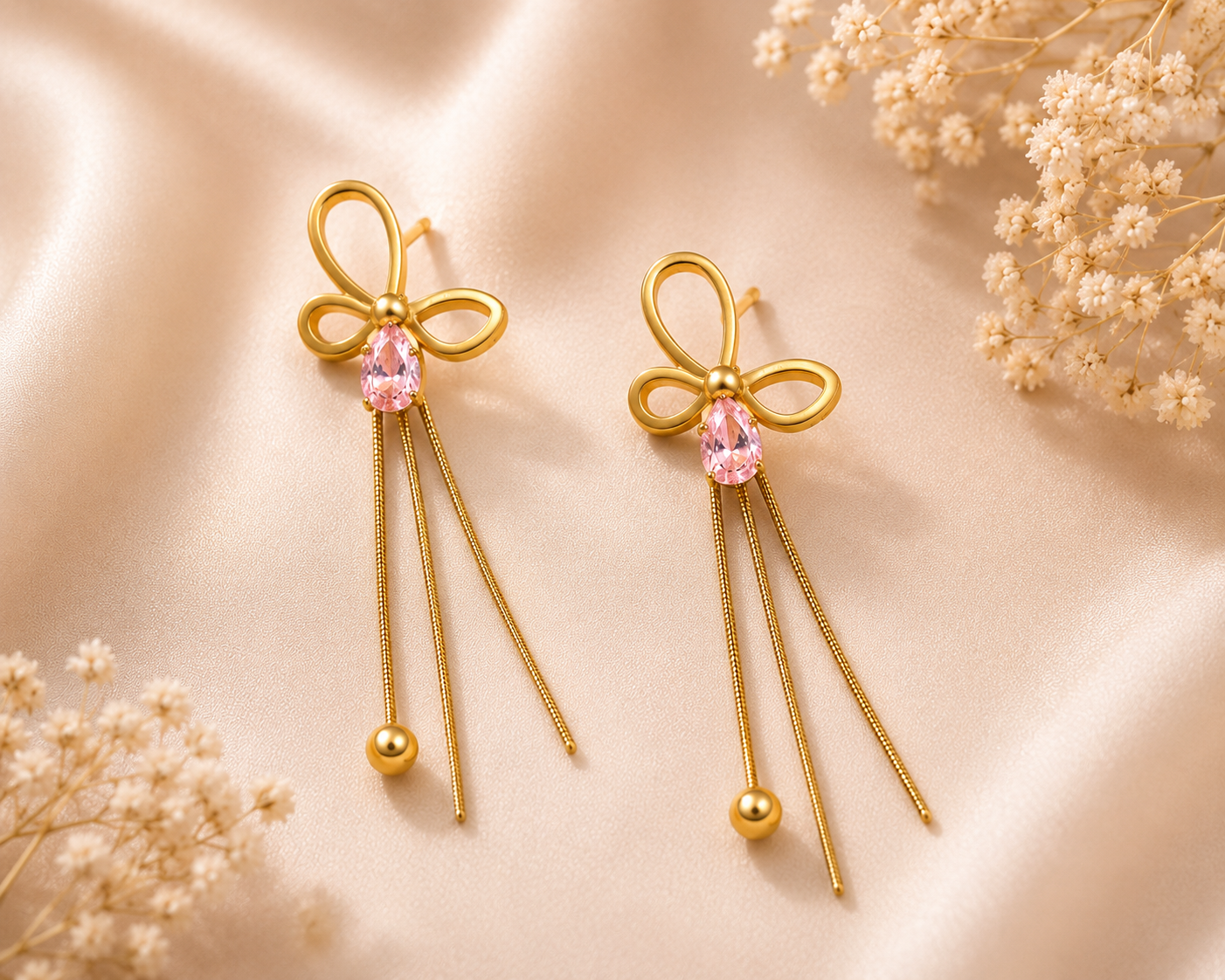 Gleefecta Gold Bow Tassel Earrings with Pink Crystal Drop and Long Chain Dangles