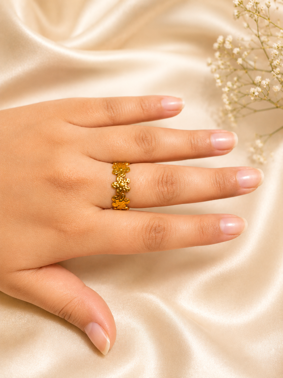 Golden Floral Adjustable Ring for Women by Gleefecta