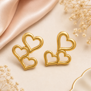 Triple Heart Gold Stainless Steel Stud Earrings for Women by Gleefecta