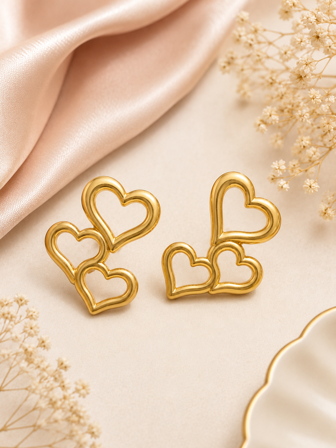 Triple Heart Gold Stainless Steel Stud Earrings for Women by Gleefecta