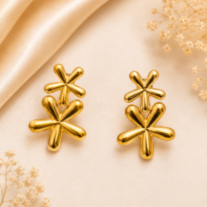 Double Floral Gold Stainless Steel Stud Earrings for Women by Gleefecta
