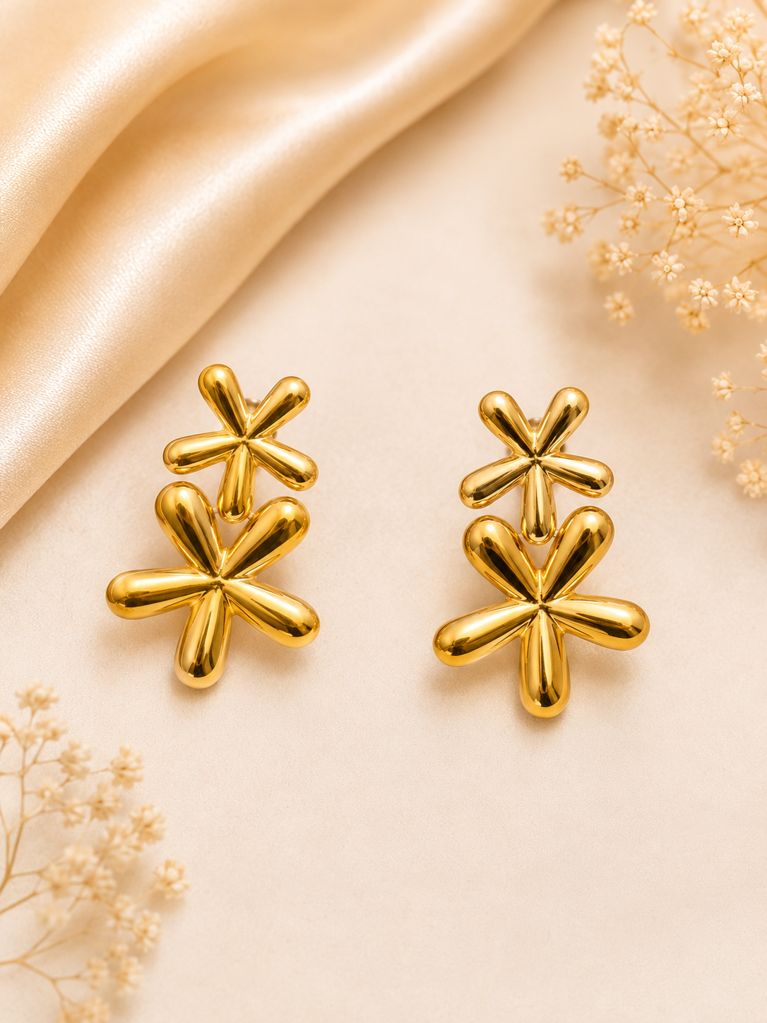 Double Floral Gold Stainless Steel Stud Earrings for Women by Gleefecta